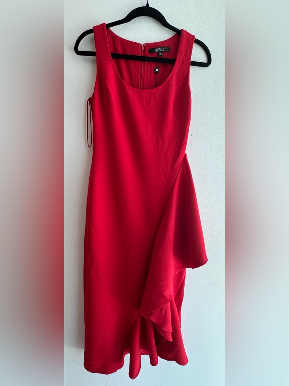 Badgley Mischka Red Crepe Midi Dress Cascading Ruffle Scoop Neck